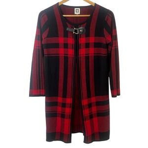 Anne Klein Red Black Tartan Plaid Long Sweater Cardigan‎ Buckle Closure Small